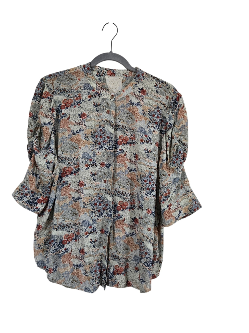 Johnny Was Lurene Floral Button Front Blouse Gathered Puff Sleeves Rayon XL